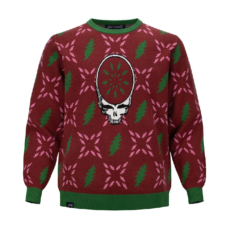 patterned sweater for men-Grateful Dead | Crewneck Holiday Sweater | Stealie Bolt Burgundy and Green