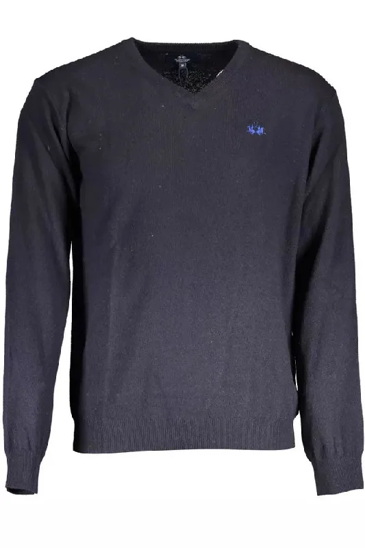 men's navy blue sweater-La Martina Elegant V-Neck Wool Blend Men's Sweater