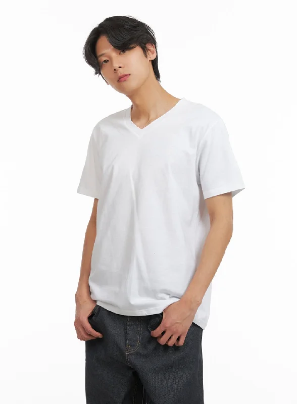 short sleeve t-shirt for casual outfits -Men's Basic V-Neck T-Shirt (White) IY424