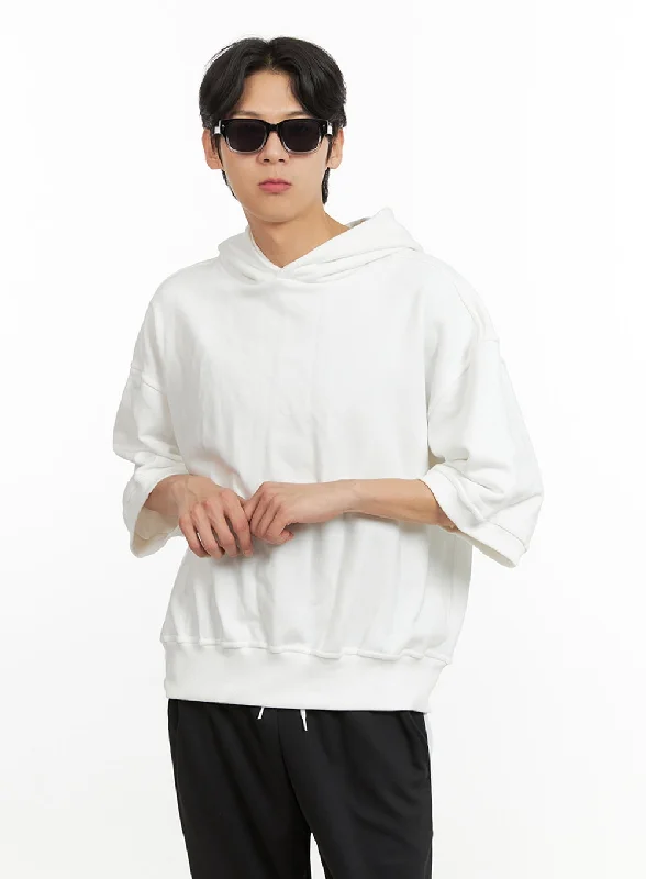 casual short sleeve shirt for activewear -Men's Cozy Boxy Fit Hooded Sweatshirt (White) IU405