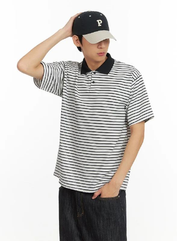 short sleeve t-shirt for running activities -Men's Striped Collar T-Shirt (White) IU405