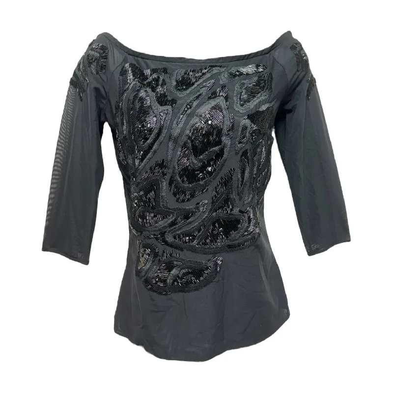 fitted short sleeve t-shirt for athletic wear -Mesh Beaded Top 3/4 Sleeve Designer By Escada In Black, Size: S