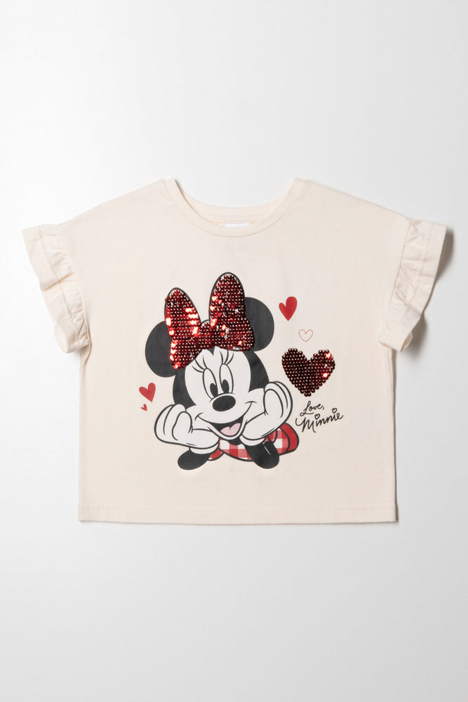 summer short sleeve t-shirt for gym -Minnie Mouse 3D Frill Top Off White