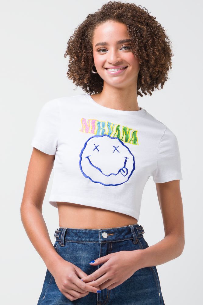 stylish short sleeve t-shirt with slogans -Nirvana Crop T-Shirt White