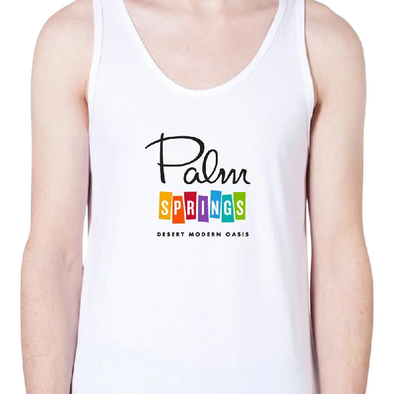 cool short sleeve t-shirt for school -Palm Springs Rainbow Tank Top - White