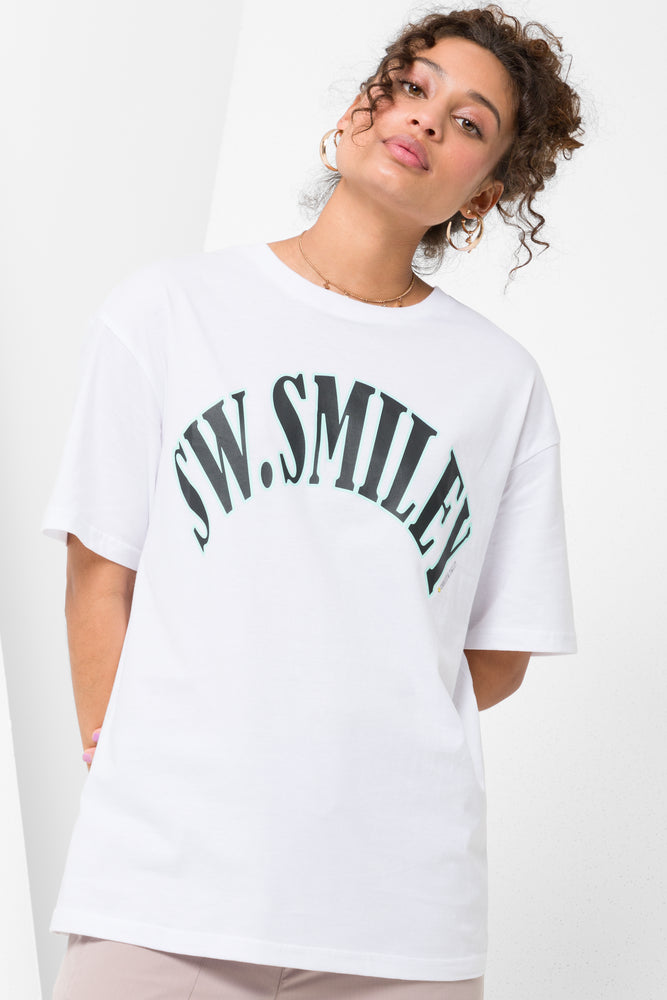 printed short sleeve polo for men -Smiley Oversized T-Shirt White