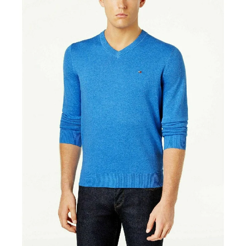 men's wool pullover sweater-Tommy Hilfiger Men's Signature Regular-Fit Solid V-Neck Sweater Blue Size XX-Large