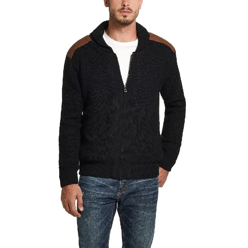 men's hoodie sweater-Weatherproof Vintage Men's Full-Zip Swacket With Suede Patches Black Size 3 Extra Large