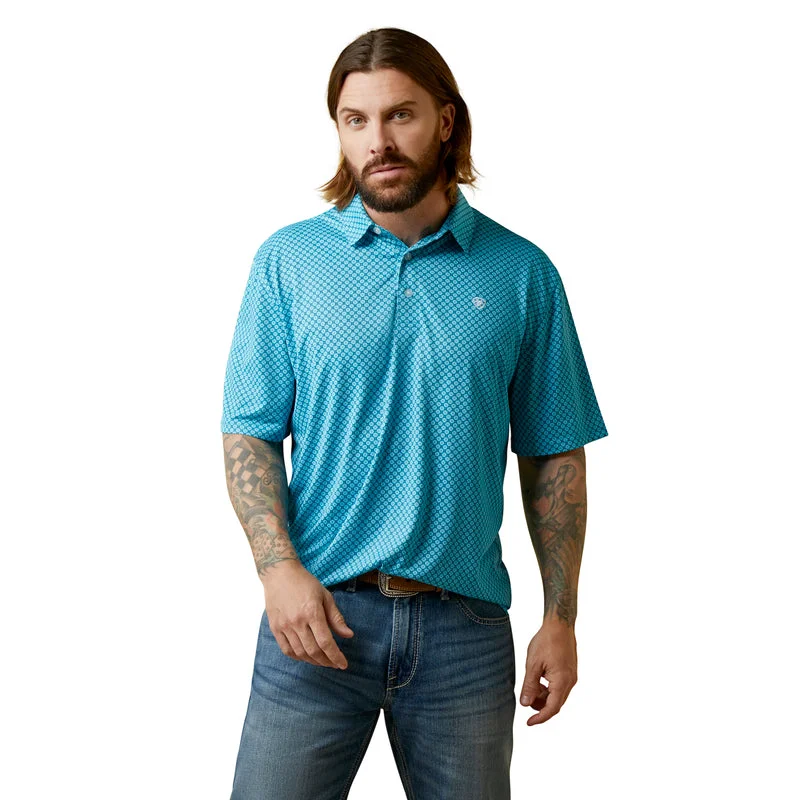 fashionable short sleeve shirt for everyday wear -'Ariat' Men's All Over Print Polo - Peacock Blue