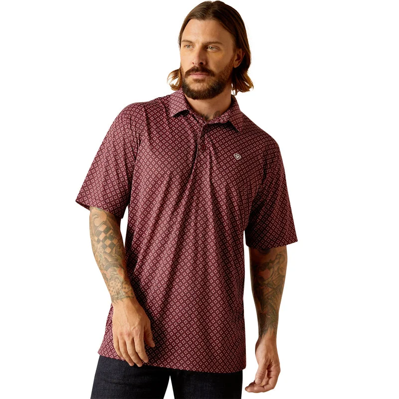 high-end short sleeve casual shirt -'Ariat' Men's All Over Print Polo - Dark Redwood