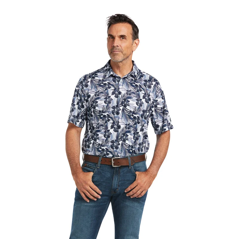 soft short sleeve top for leisure -'Ariat' Men's All Over Print Polo - White Tropical