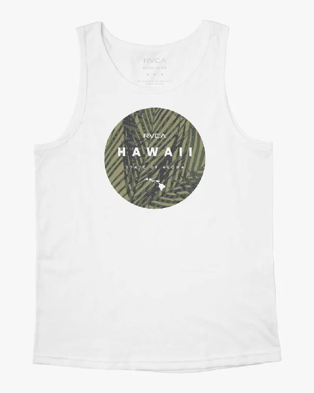 fitted short sleeve shirt for a tailored look -Hawaii Motors Camo Tank Top - White