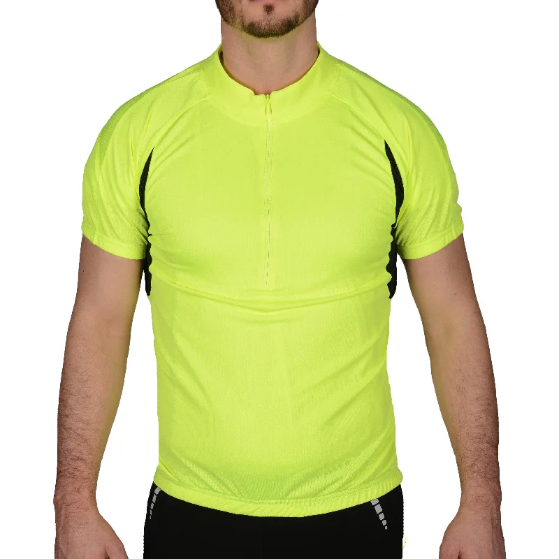 short sleeve t-shirt with geometric print -More Mile Short Sleeve Half Zip Mens Cycling Jersey - Hi Viz Yellow