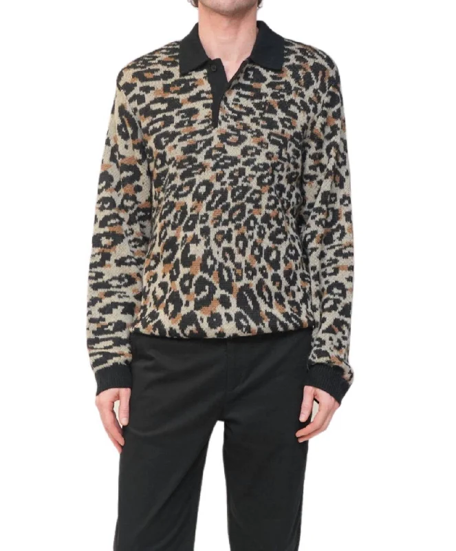 fashionable loose short sleeve shirt -Beauchamp Polo Sweater In Leopard Print