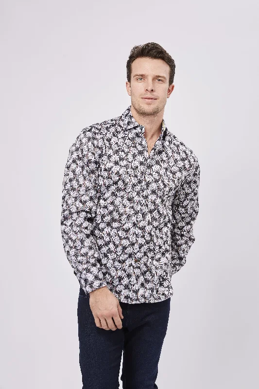 breathable dress shirt -Black and White Leaves and Check Shirt