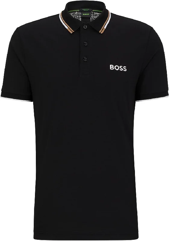 short sleeve cotton shirt with creative print -HUGO BOSS Men Paddy Pro Short Sleeve Black Soil Polo T-Shirt