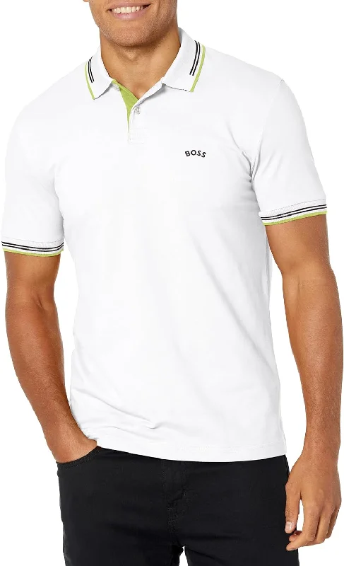 printed short sleeve shirt for casual outings -HUGO BOSS Men Paul Modern Essential Blank White/Electric Lime Polo T-Shirt