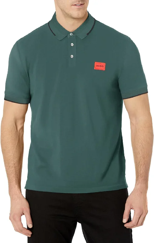 cool short sleeve t-shirt for school -HUGO Men's Solid Green Square Logo Cotton Short Sleeve Polo T-Shirt