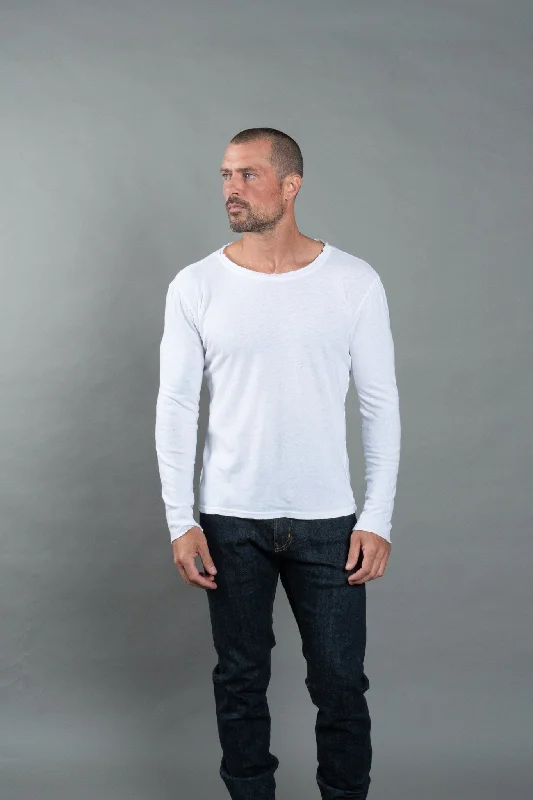 loose short sleeve cotton shirt -Men's Wallace Raw Neck Cotton Linen Long Sleeve Crew Tee