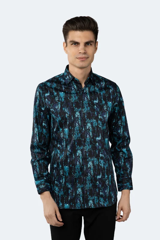 long sleeve button down shirt -Navy with Teal Marble Shirt