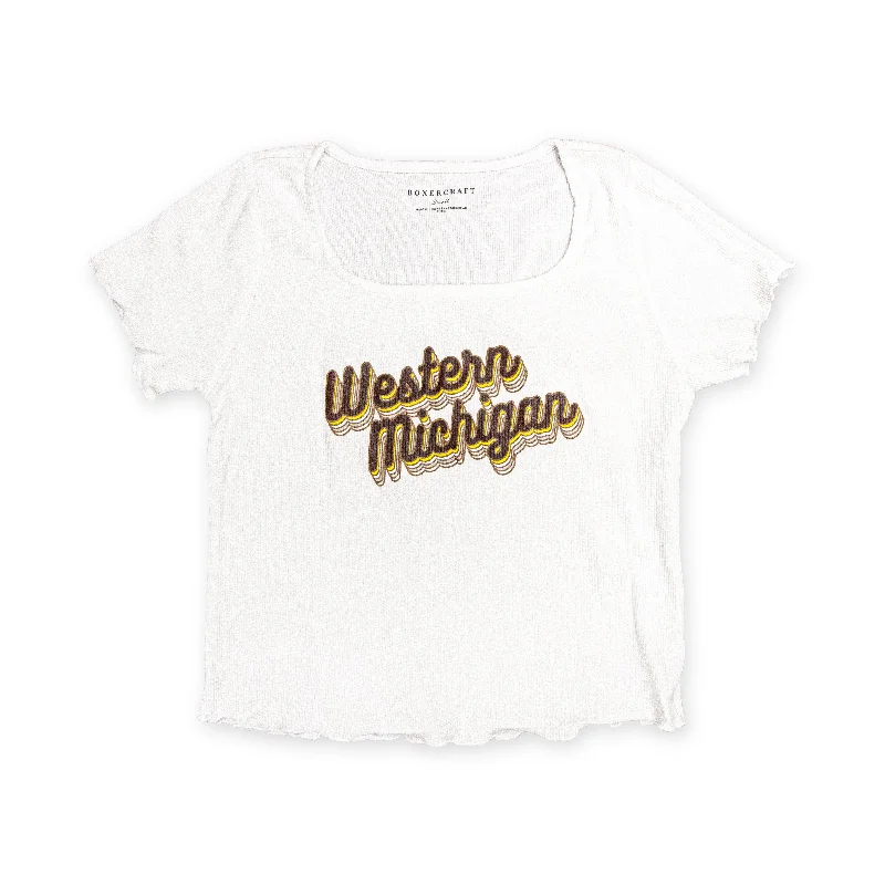 sporty short sleeve t-shirt with designs -Retro Western Michigan Baby Crop Tee