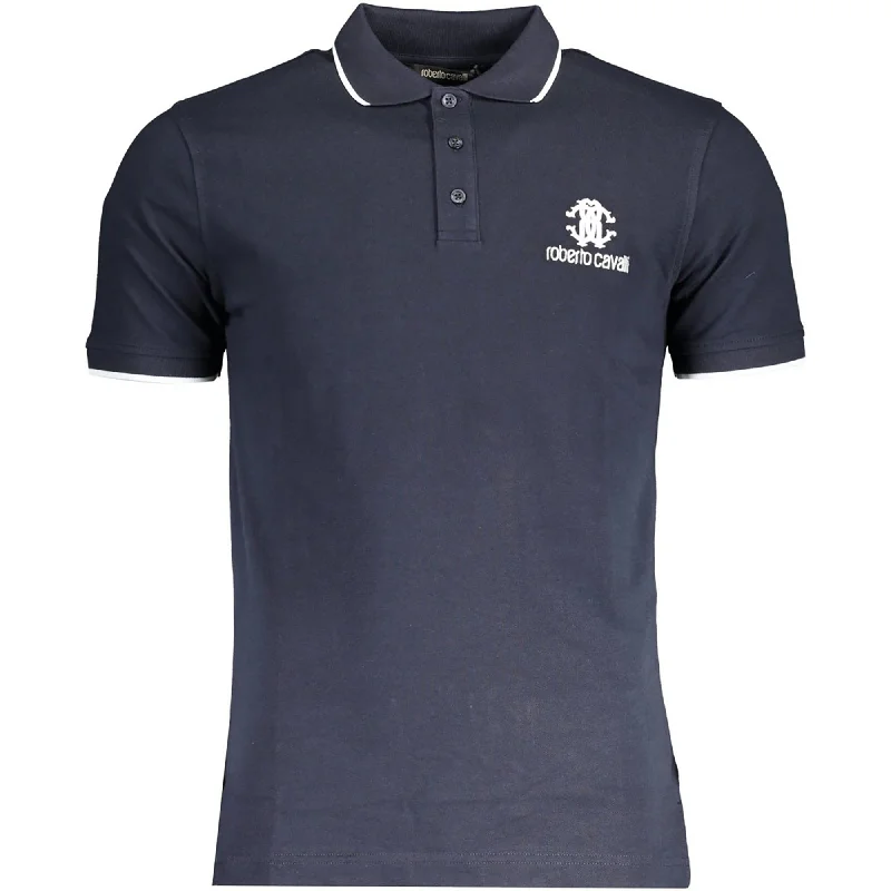 stylish short sleeve t-shirt with floral design -Roberto Cavalli Men's Blue Short Sleeve Cotton Polo T-Shirt with White Logo