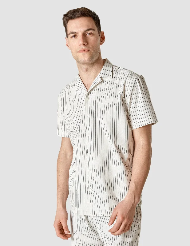 button down shirt for parties -Tech Linen Bowling Short Sleeve Shirt Navy Pinstripe