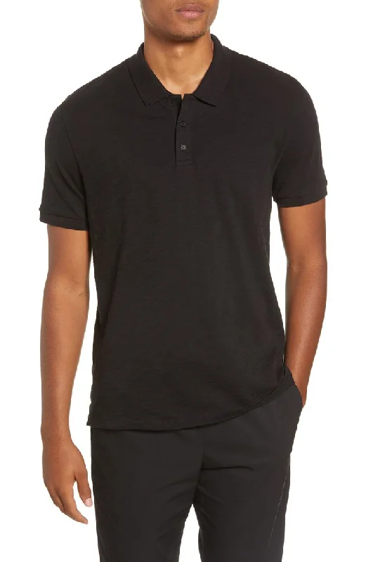 basic short sleeve t-shirt for men -Vince Men's Solid Black Short Sleeve Pima Cotton Polo T-Shirt