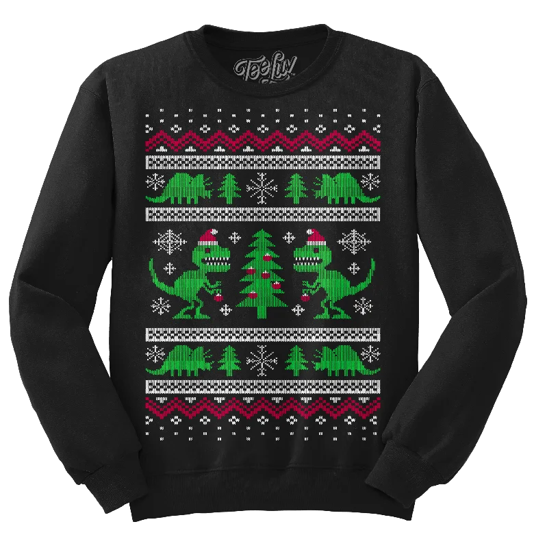 short sleeve t-shirt for winter layering -"Dino-mas" Dinosaur Christmas Crewneck Sweatshirt - Black