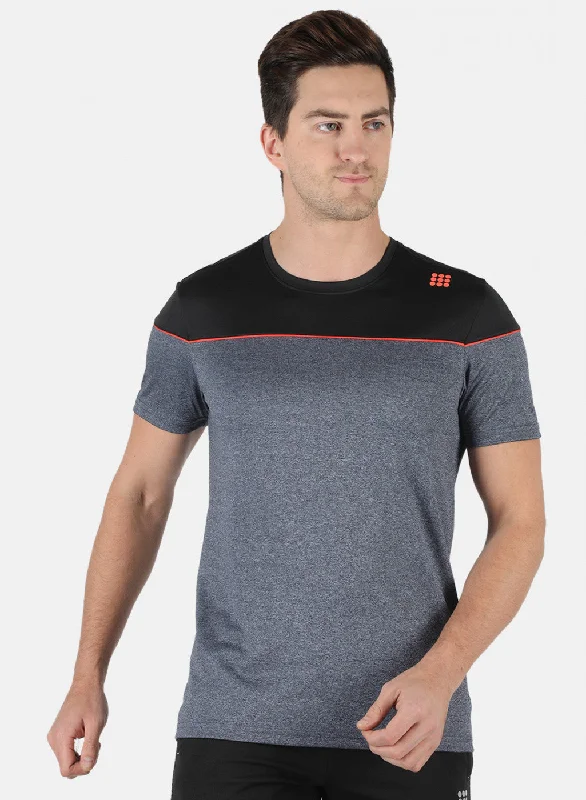 short sleeve polo for casual workwear -Men Grey Self Design Round Neck T-Shirt