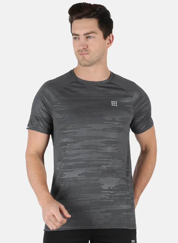 high-quality cotton short sleeve t-shirt -Men Grey Self Design Round Neck T-Shirt