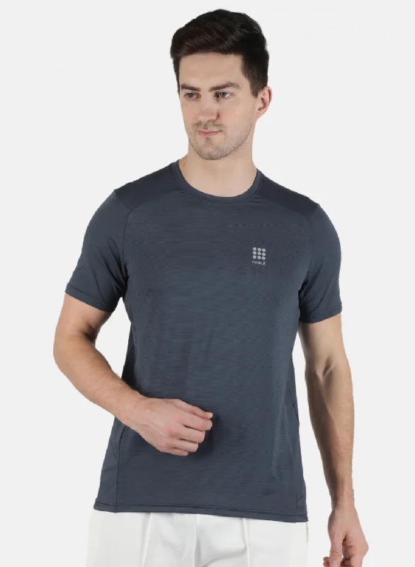 trendy short sleeve shirt for relaxed vibes -Men Grey Self Design Round Neck T-Shirt