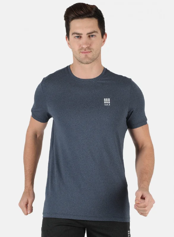 short sleeve top for summer evenings -Men NAvy Blue Self Design Round Neck T-Shirt