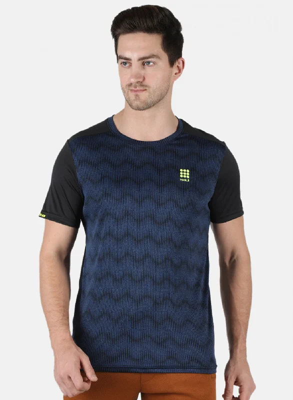 short sleeve shirt with abstract print -Men NAvy Blue Self Design Round Neck T-Shirt