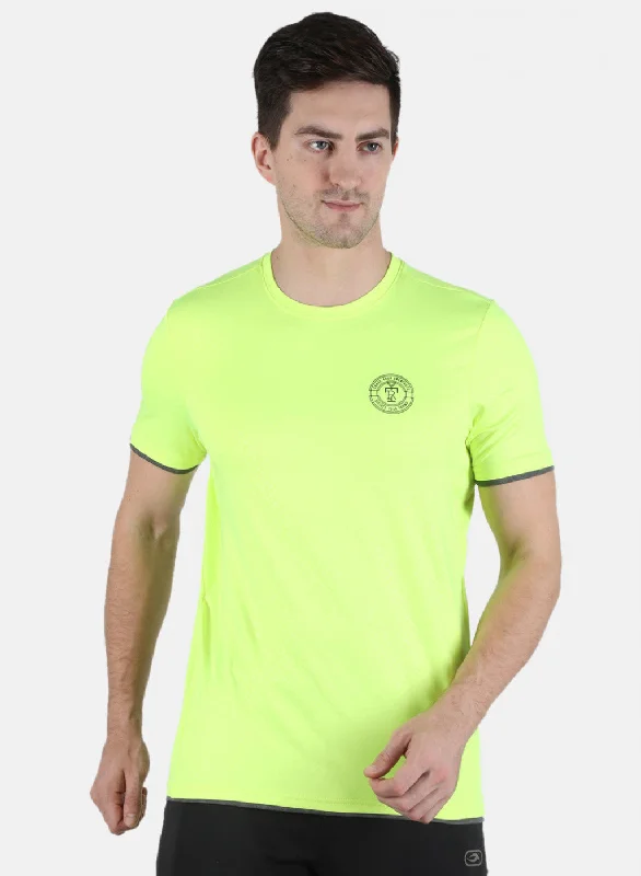 stylish short sleeve t-shirt with floral design -Men Neon Green Self Design Round Neck T-Shirt