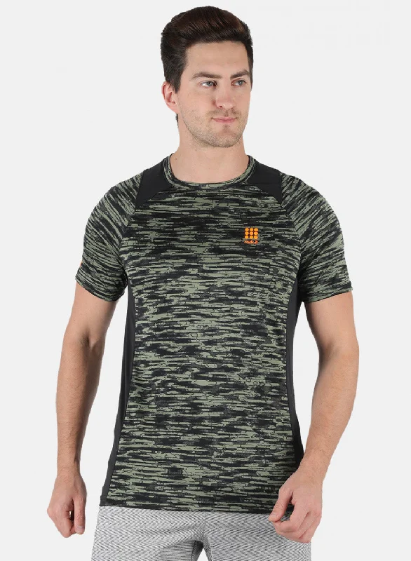 cool graphic short sleeve t-shirt for men -Men Olive Self Design Round Neck T-Shirt